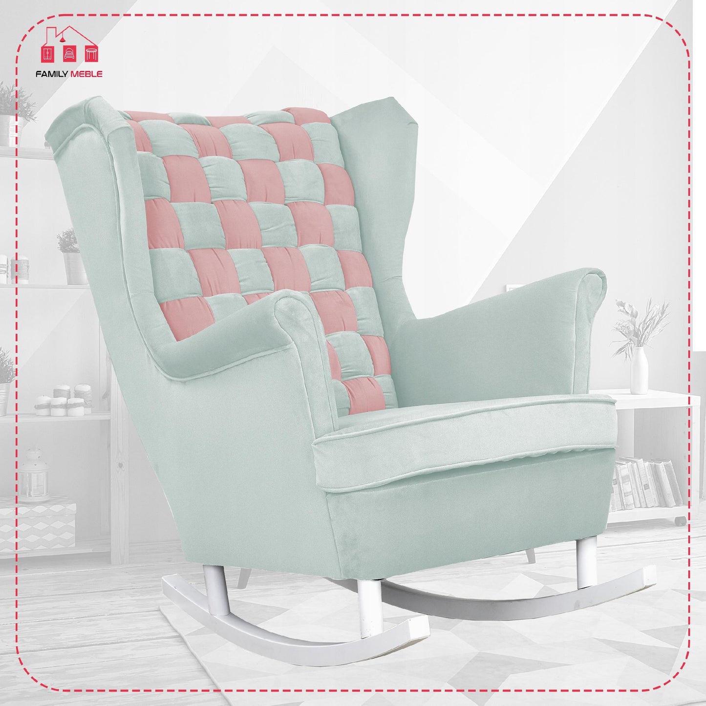 Fotel uszak bujany Carol Duo Family Meble różowo błękitny szachownica welur