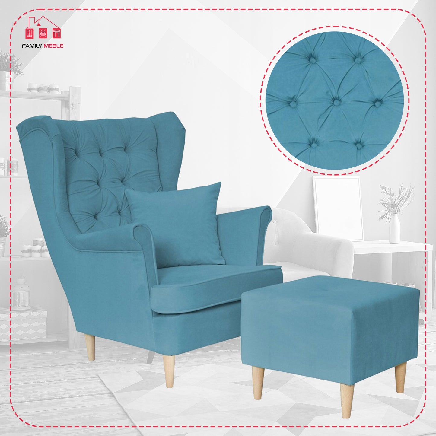 Fotel uszak Gaja z podnóżkiem skandynawski Family Mebl niebieski jasny