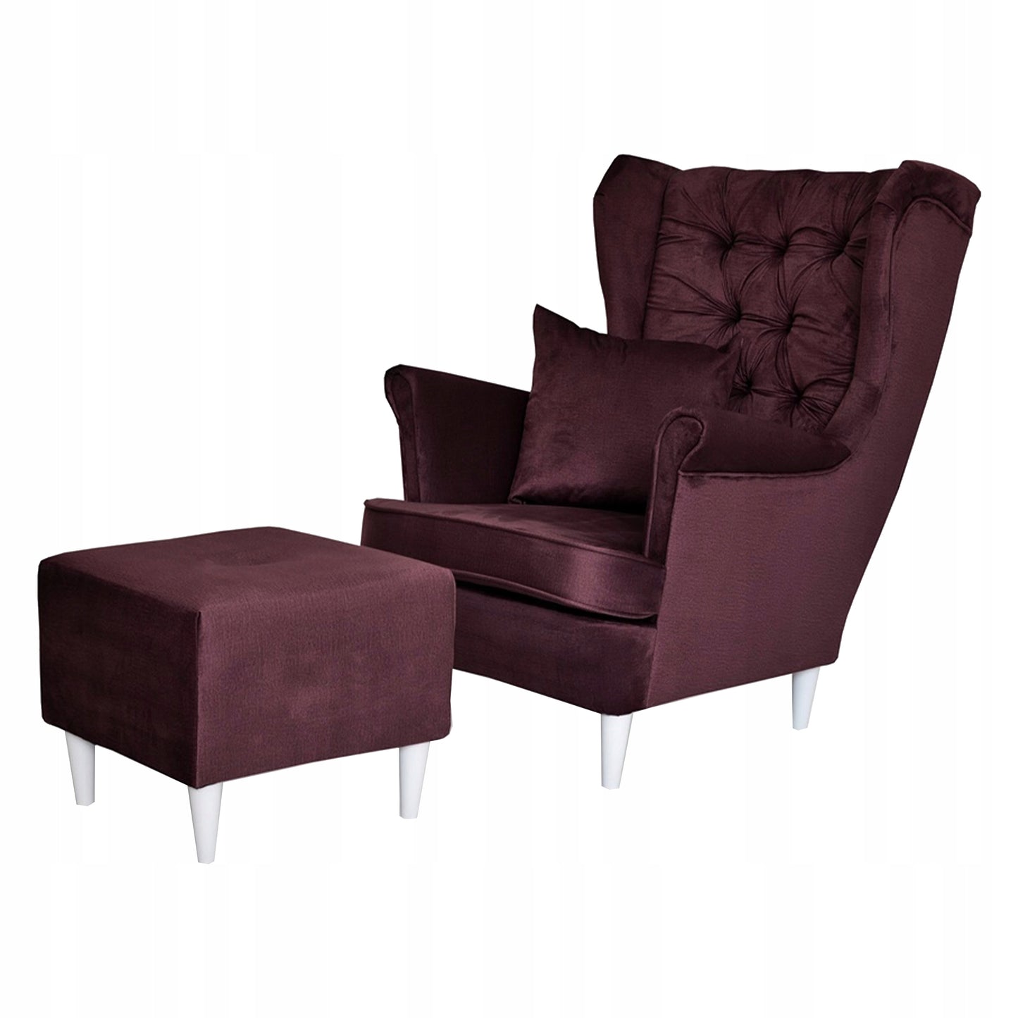 Fotel uszak Gaja z podnóżkiem skandynawski Family Meble burgund welur