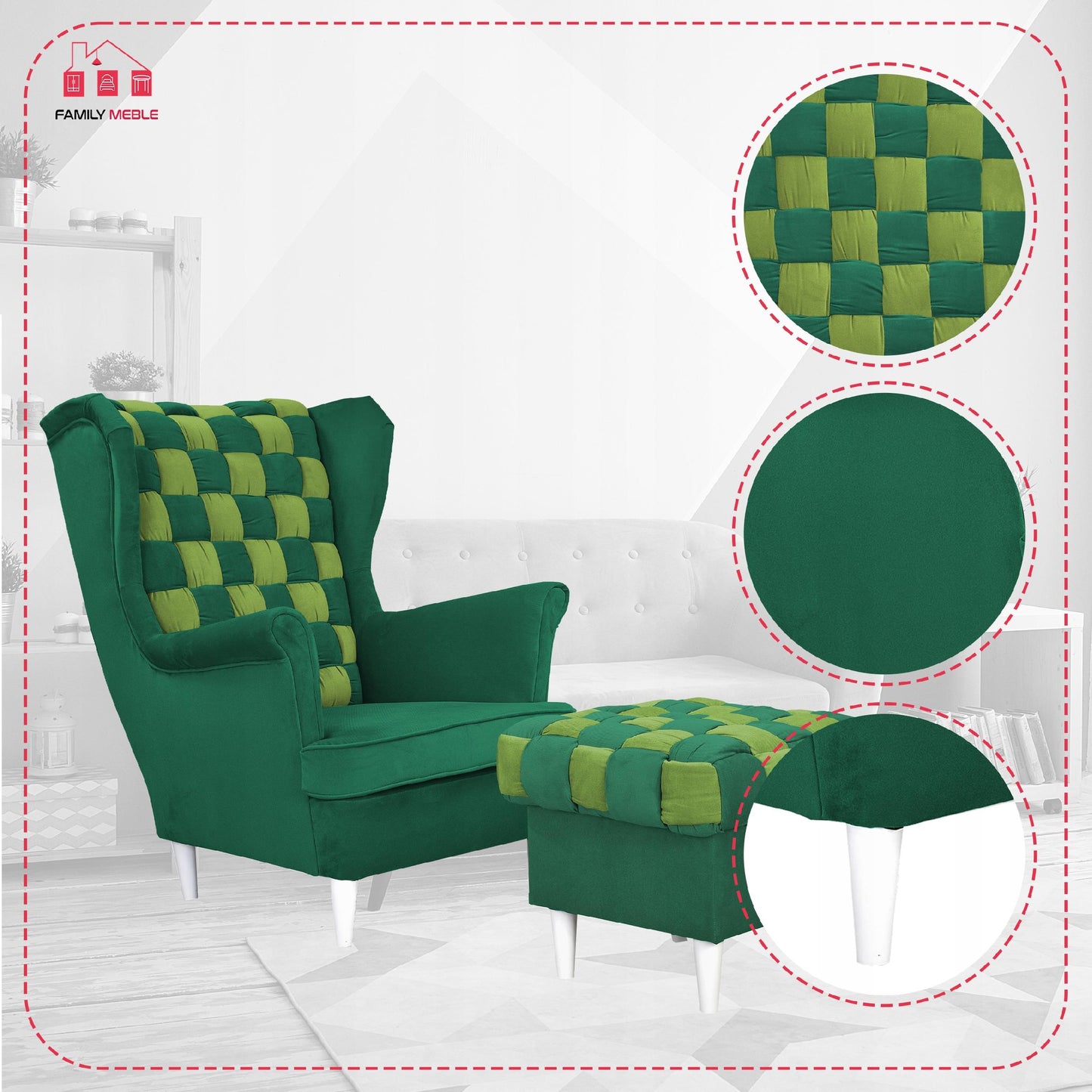 Fotel uszak Carol Duo z podnóżkiem skandynawski Family Meble zielony żółty