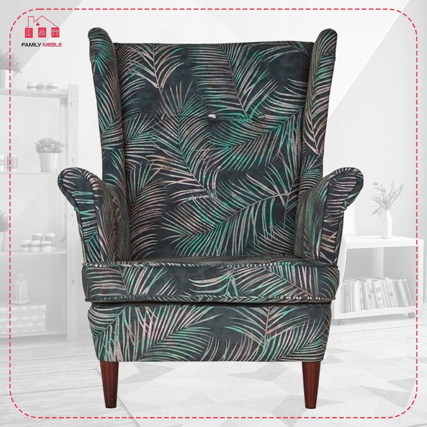 Fotel uszak ARI PRINT z podnóżkiem, skandynawski Family Meble liście