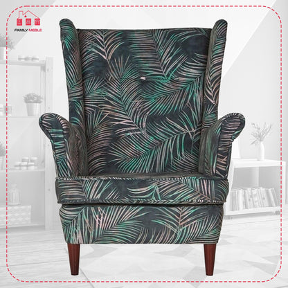 Fotel uszak ARI PRINT z podnóżkiem, skandynawski Family Meble liście