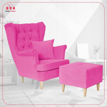 Fotel uszak Gaja z podnóżkiem skandynawski Family Mebl fuksja róż PINK