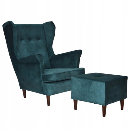 Fotel uszak ARI z podnóżkiem, skandynawski Family Meble ciemny turkus