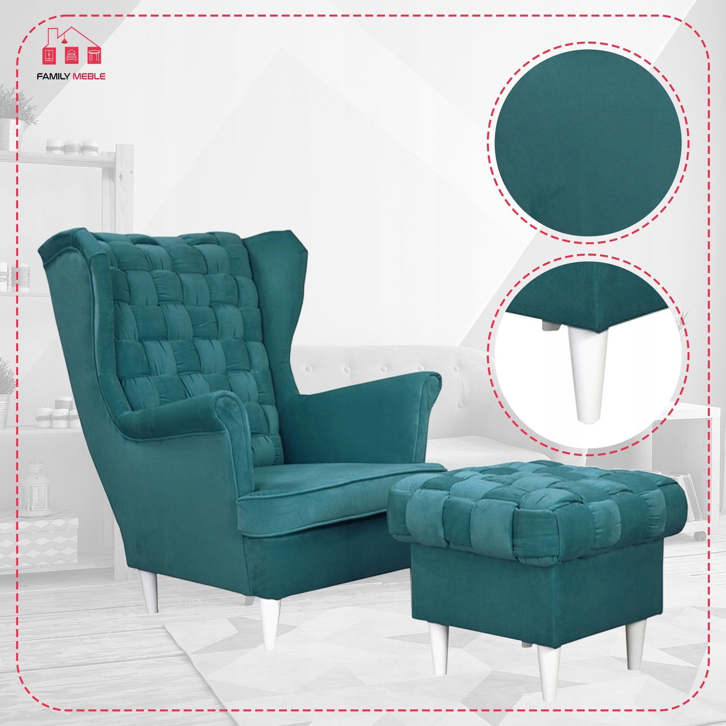 Fotel uszak Carol z podnóżkiem skandynawski Family Meble turkusowy