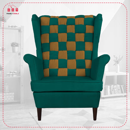 Fotel uszak Carol Duo skandynawski Family Meble zielono złoty, miodowy