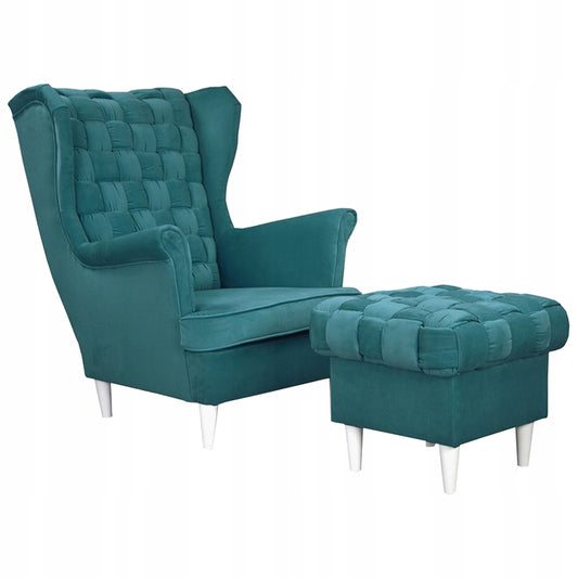 Fotel uszak Carol z podnóżkiem skandynawski Family Meble turkusowy