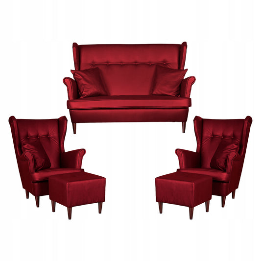 Zestaw wypoczynkowy mebli uszak Eko skóra sofa fotele pufy Family Meble komplet