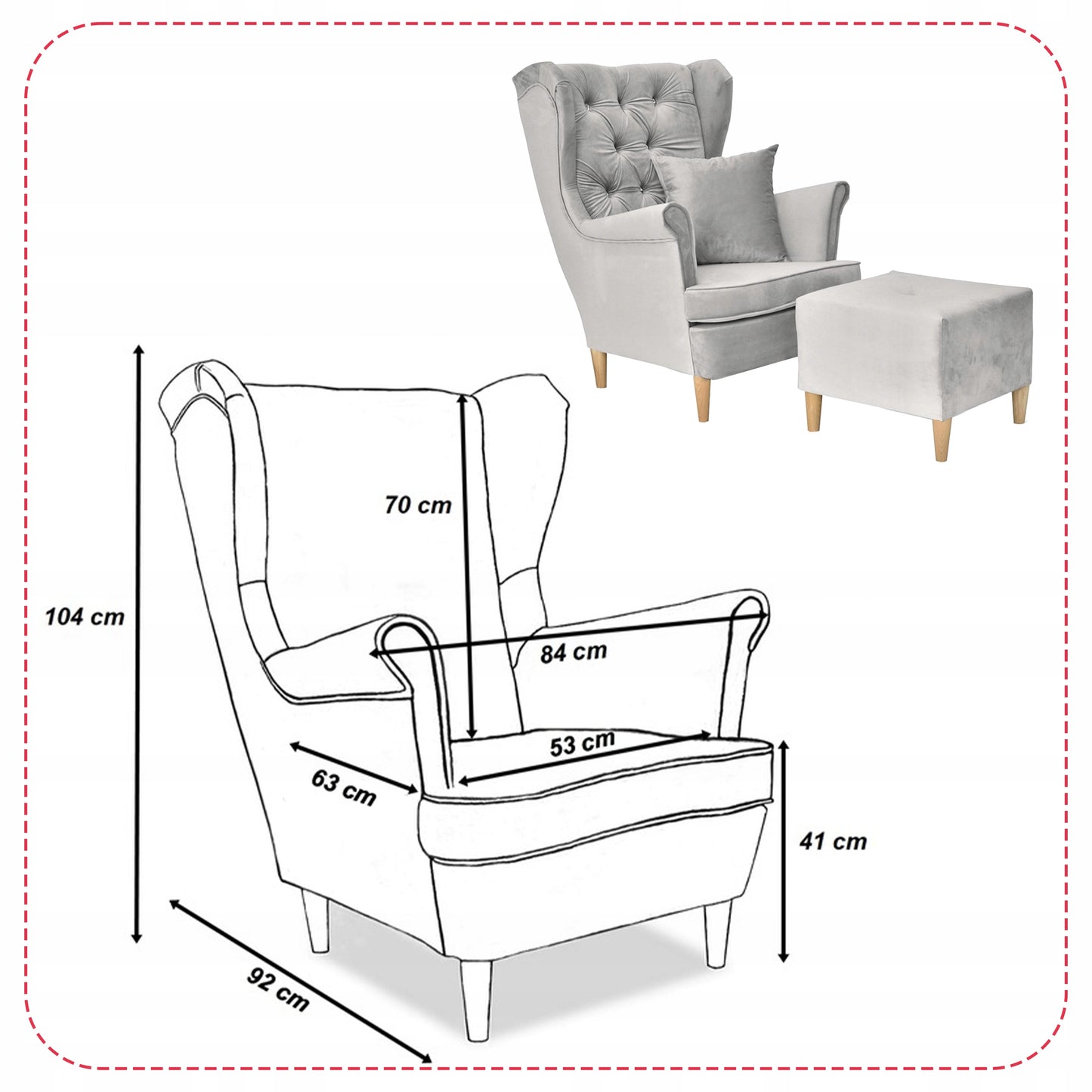 Fotel uszak Gaja podnóżkiem skandynawski Family Meble gołębi popielaty