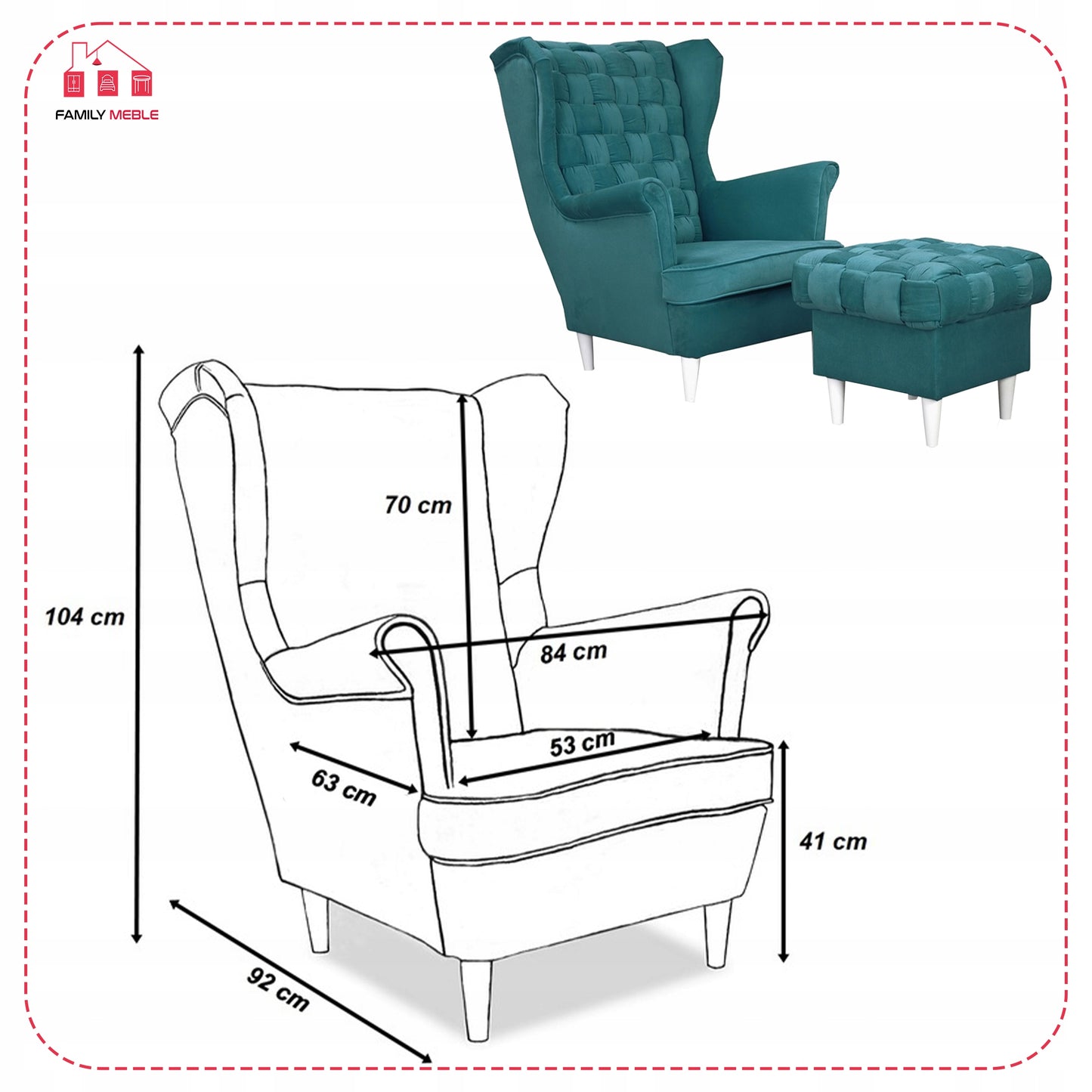 Fotel uszak Carol z podnóżkiem skandynawski Family Meble turkusowy