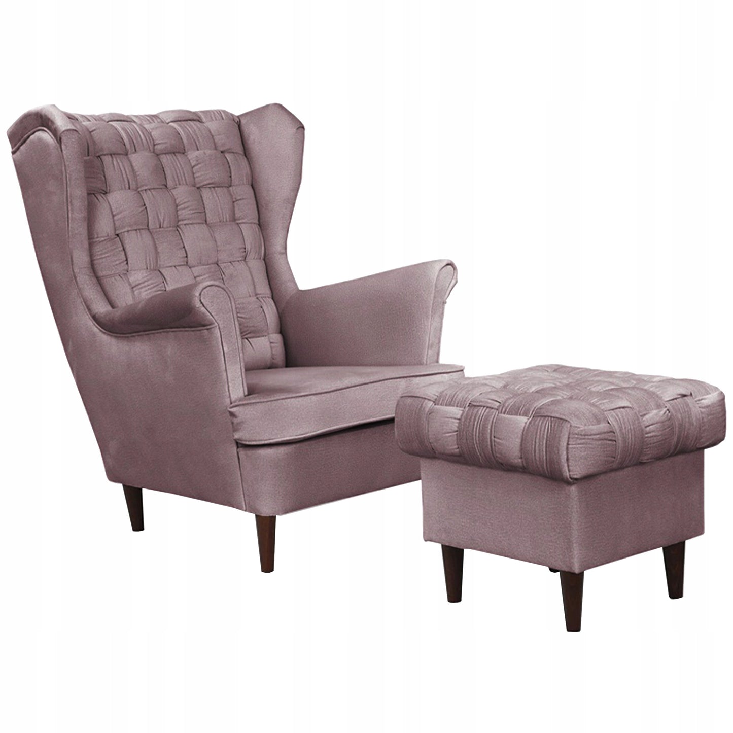 Fotel uszak Carol z podnóżkiem skandynawski Family Meble liliowy róż