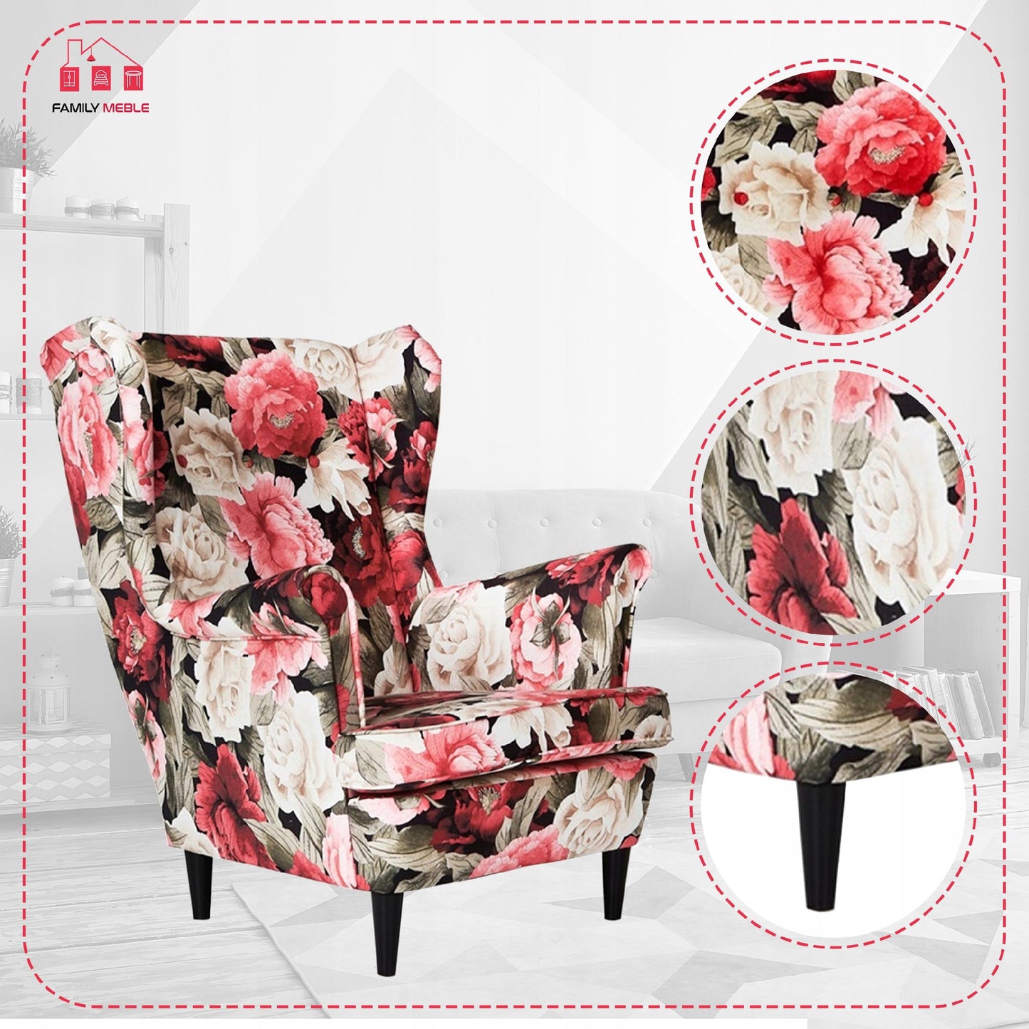 Fotel uszak ARI PRINT skandynawski Family Meble hortensje kwiaty wzór