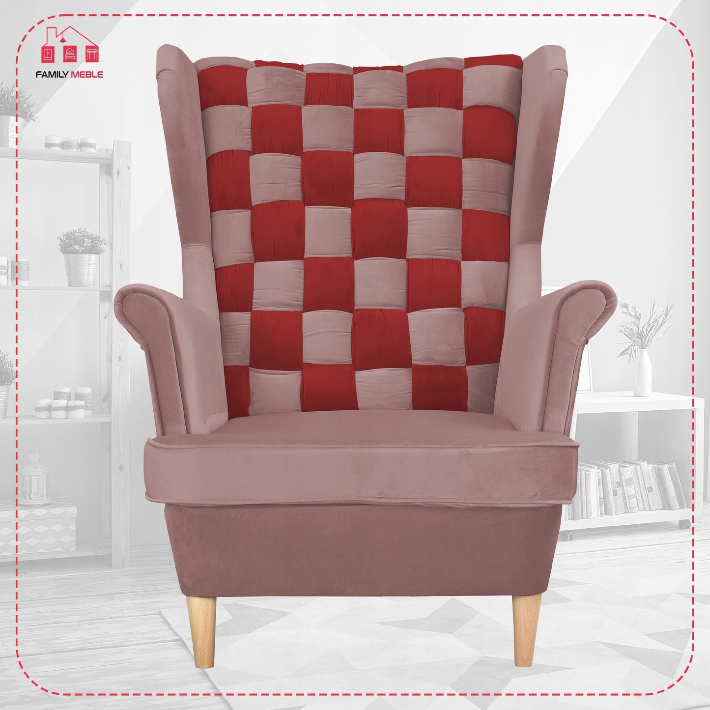 Fotel uszak Carol Duo z podnóżkiem skandynawski Family Mebl różowy czerwony