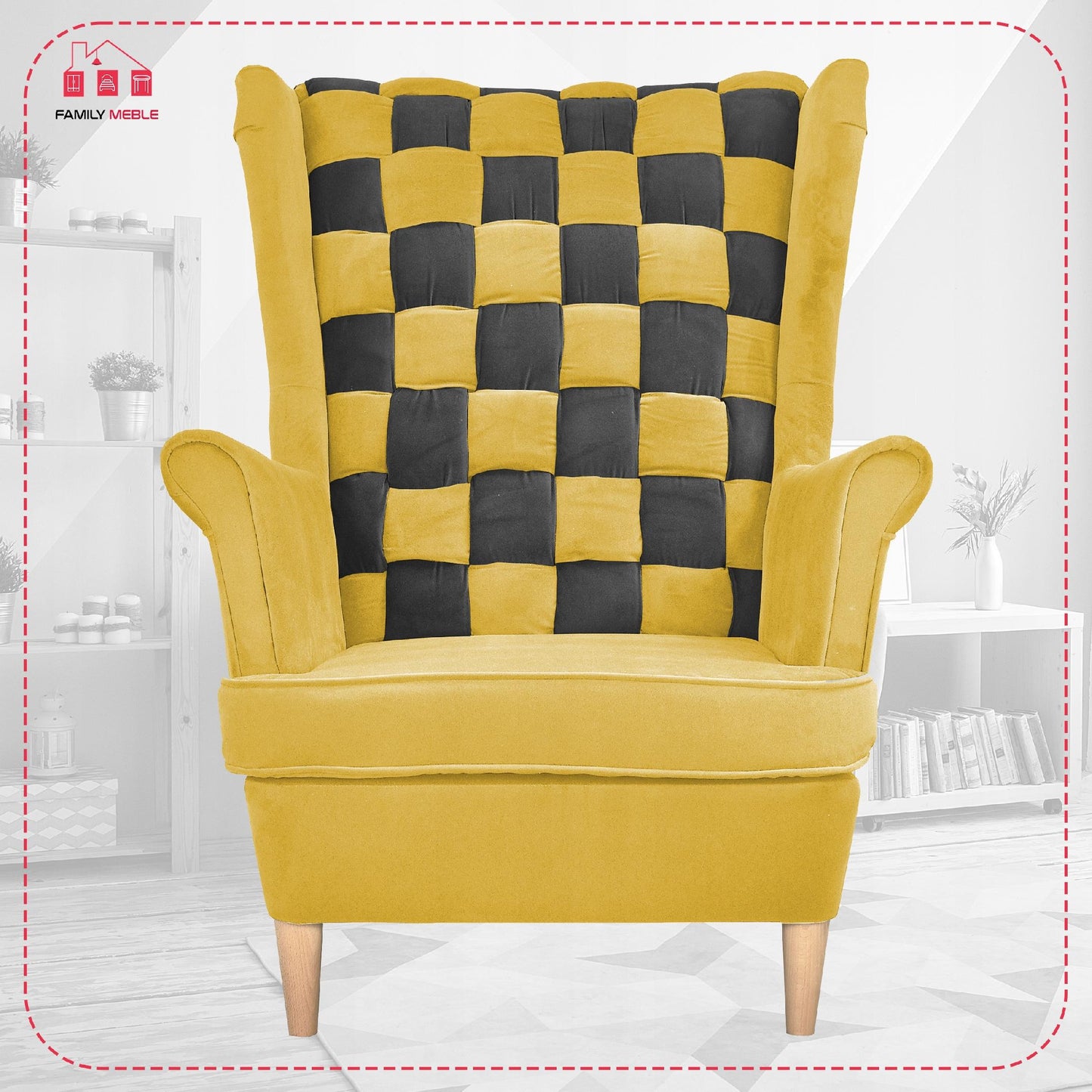 Fotel uszak Carol Duo skandynawski Family Meble żółto czarny paski