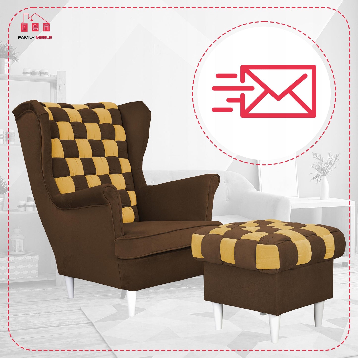 Fotel uszak Carol Duo z podnóżkiem skandynawski Family Meble brązowy żółty