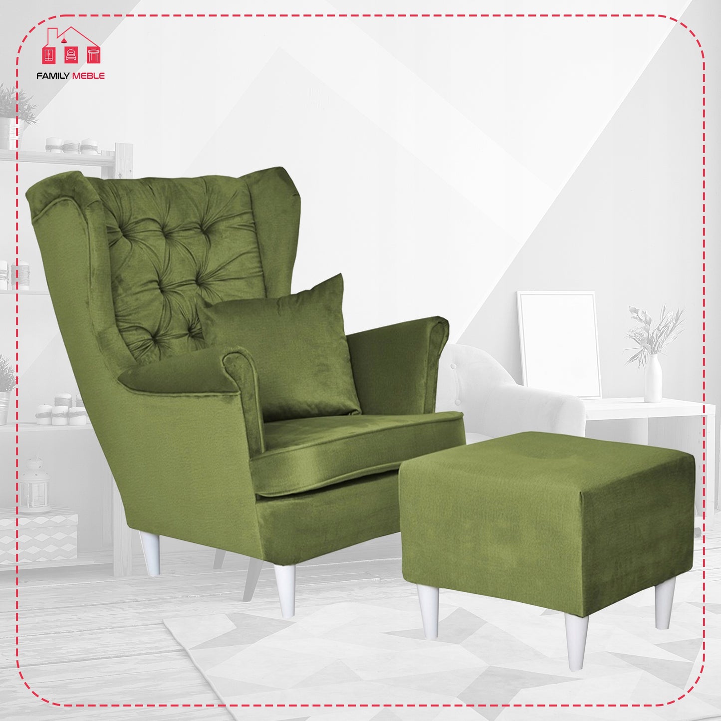 Fotel uszak Gaja z podnóżkiem skandynawski Family Meble oliwka jasna