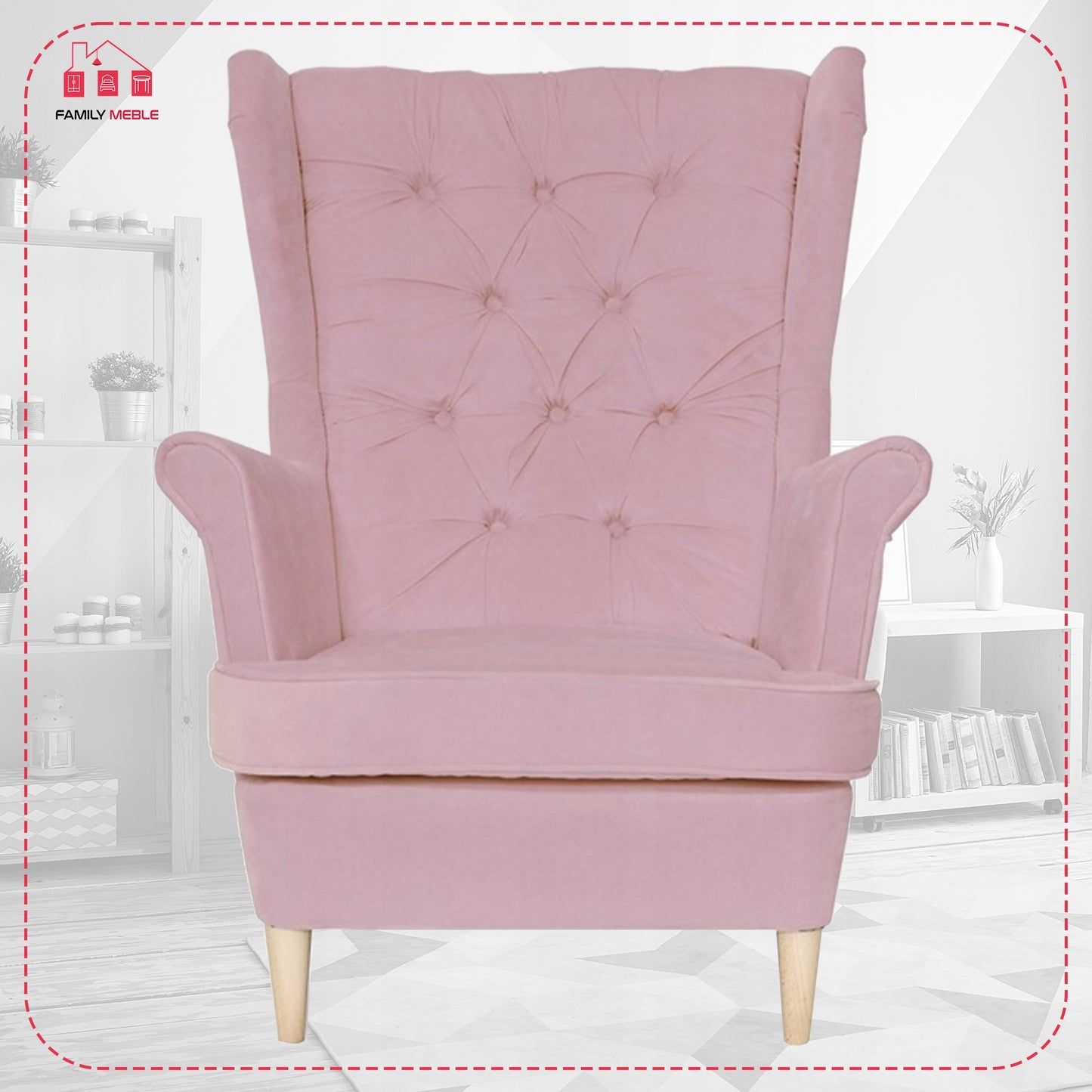Fotel uszak Gaja skandynawski Family Meble pudrowy różowy jasny wygod