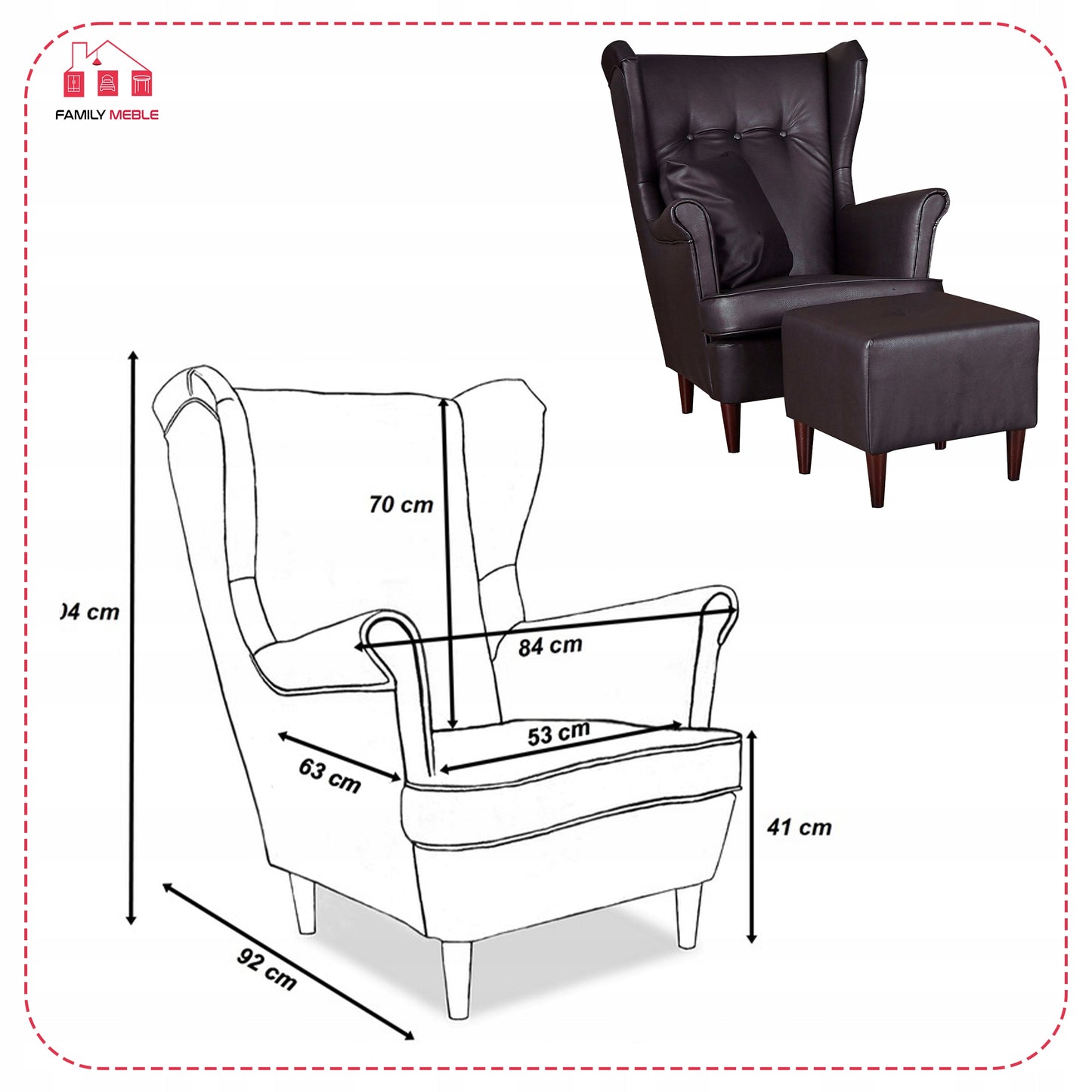 Zestaw wypoczynkowy mebli uszak Eko skóra sofa fotele pufy Family Meble komplet