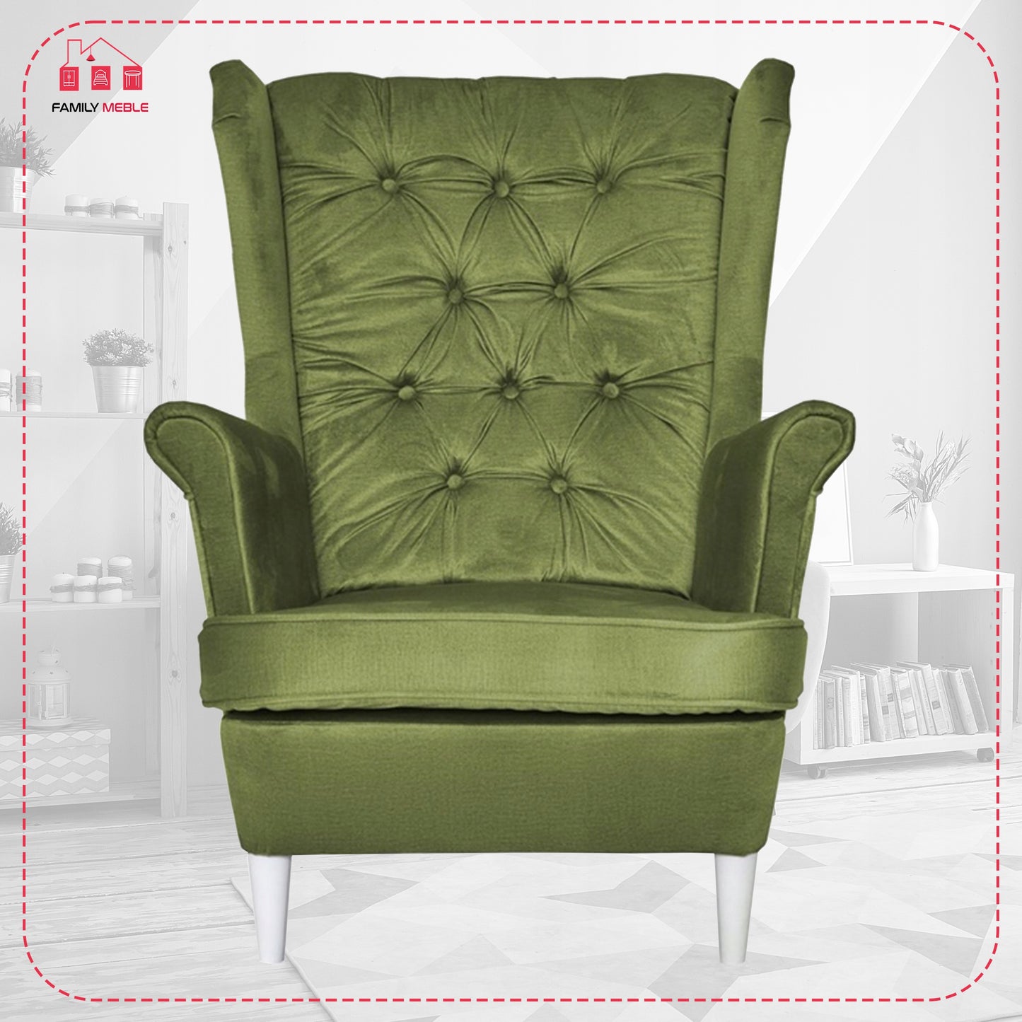 Fotel uszak Gaja z podnóżkiem skandynawski Family Meble oliwka jasna