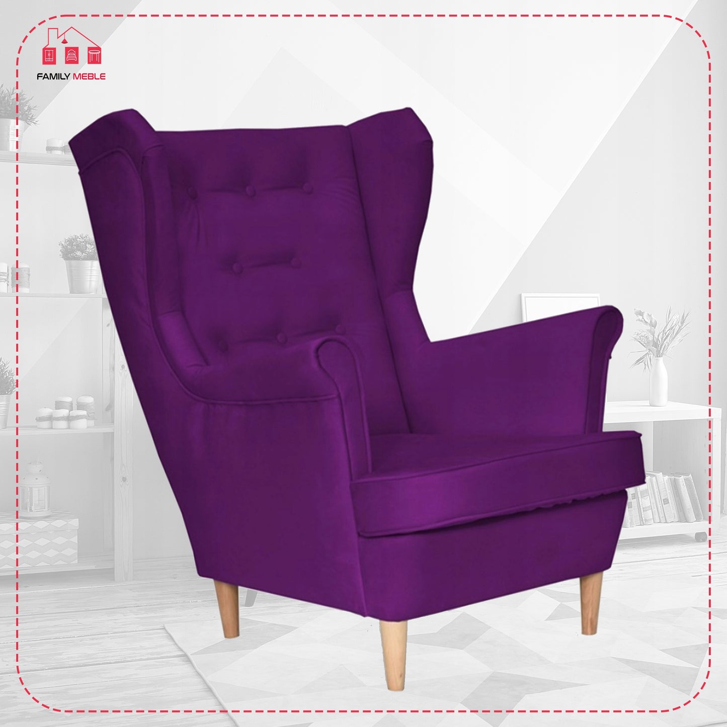 Fotel uszak Diana skandynawski Family Meble fuksja fiolet śliwka welur
