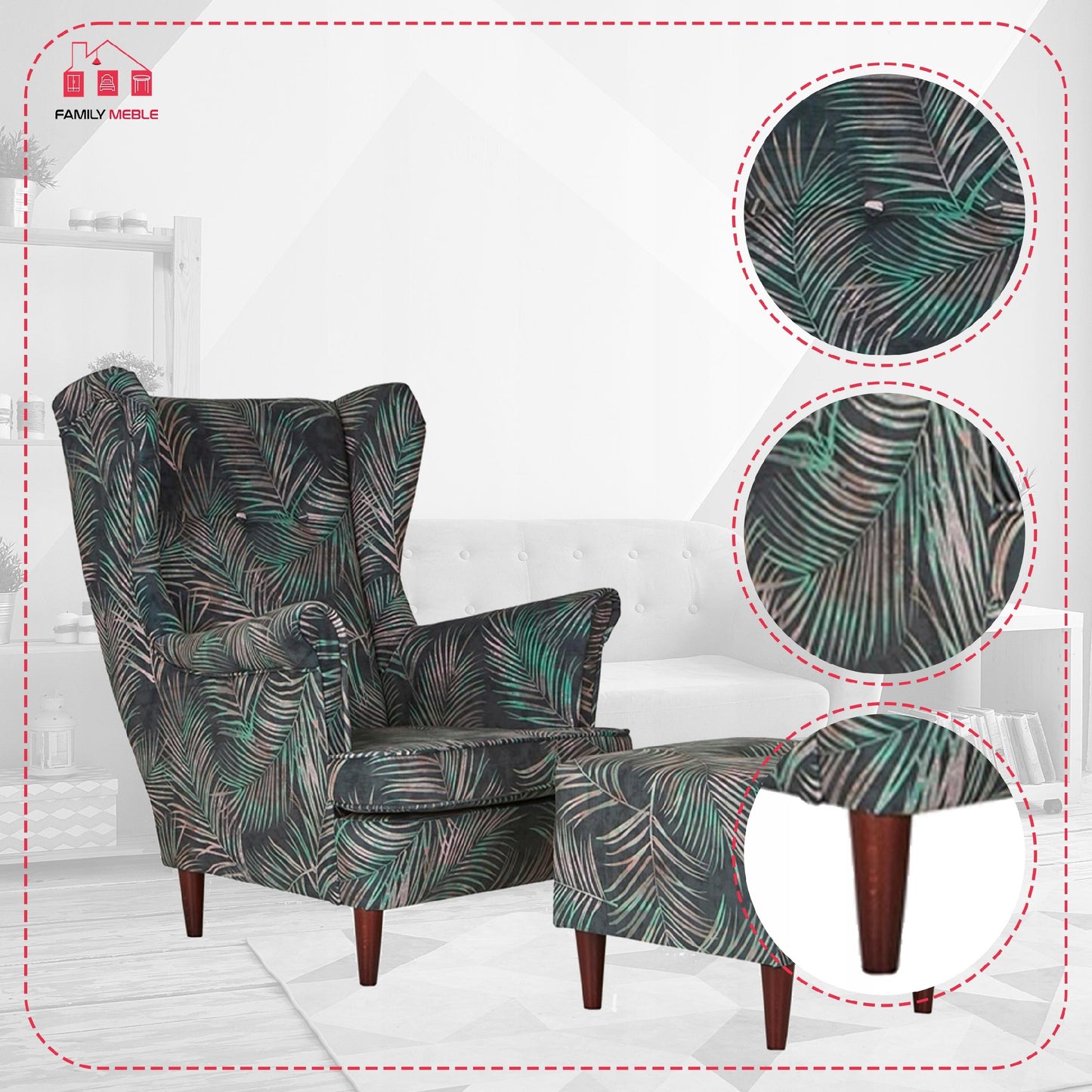 Fotel uszak ARI PRINT z podnóżkiem, skandynawski Family Meble liście