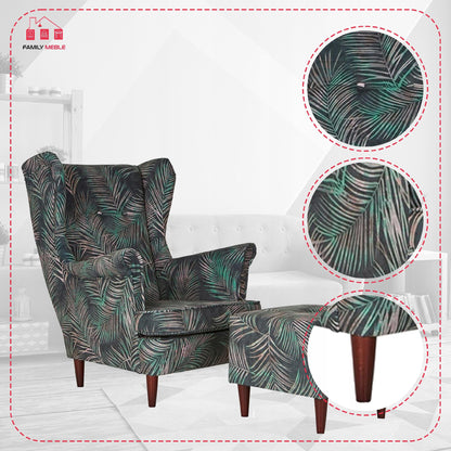 Fotel uszak ARI PRINT z podnóżkiem, skandynawski Family Meble liście