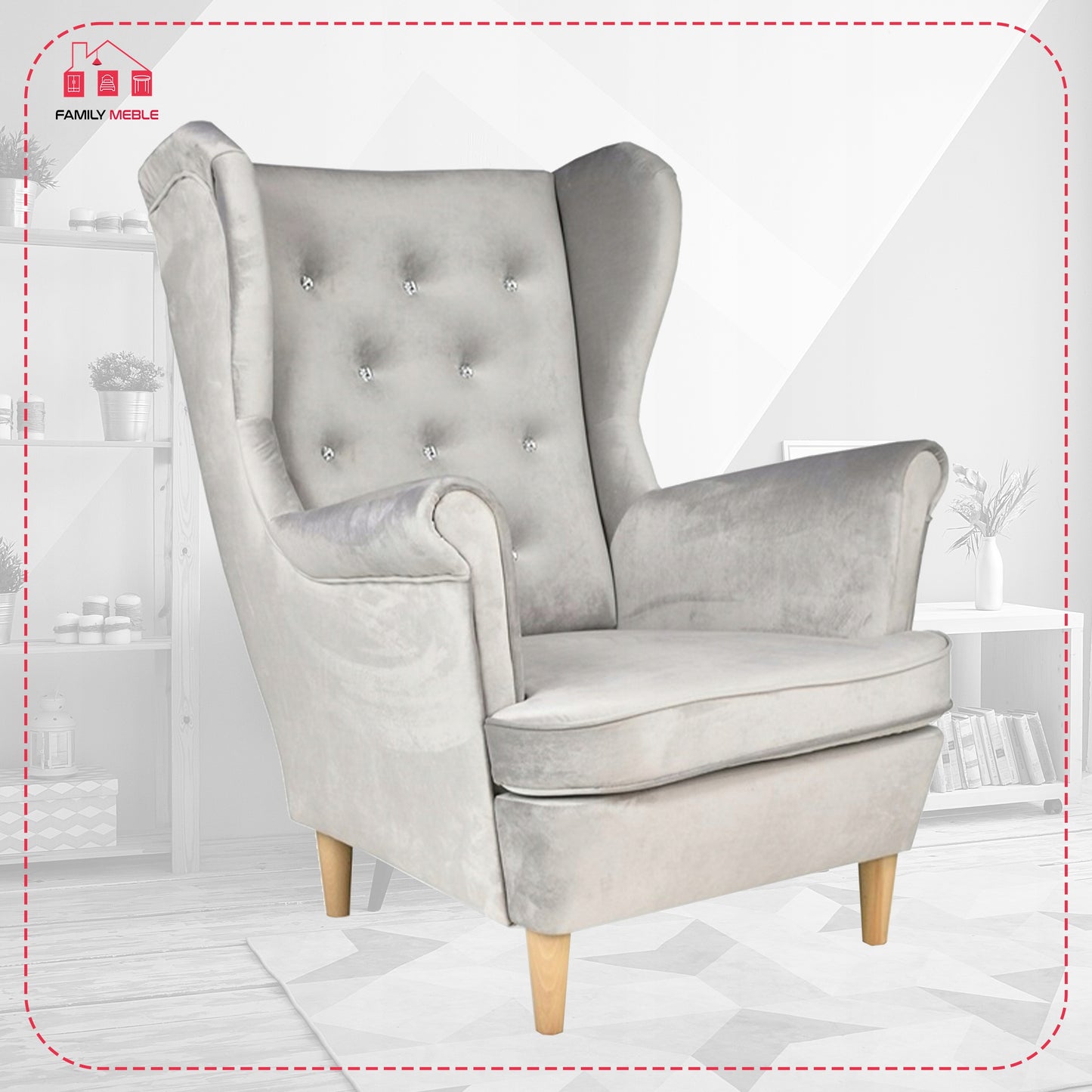 Fotel uszak Diana skandynawski Family Meble aksamit welwet kryształki