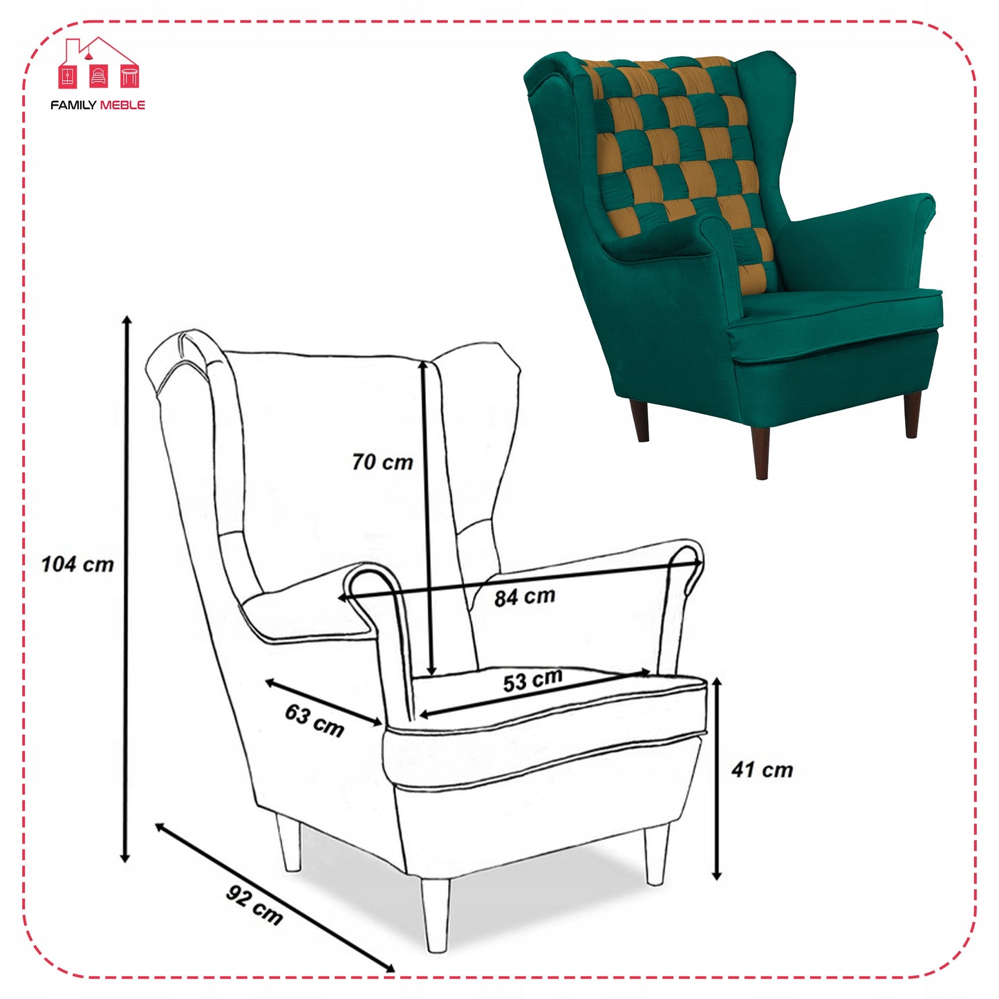 Fotel uszak Carol Duo skandynawski Family Meble zielono złoty, miodowy