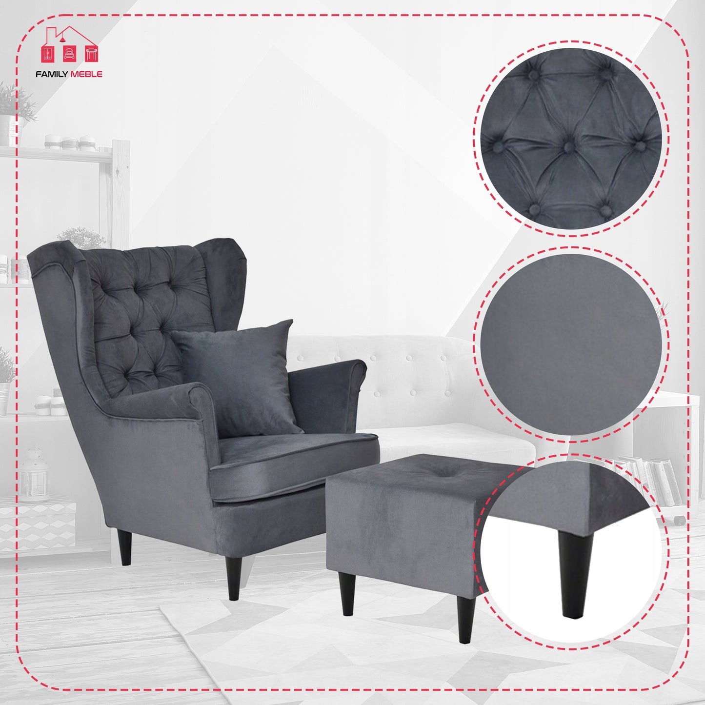 Fotel uszak Gaja z podnóżkiem, skandynawski Family Meble szary wygodny