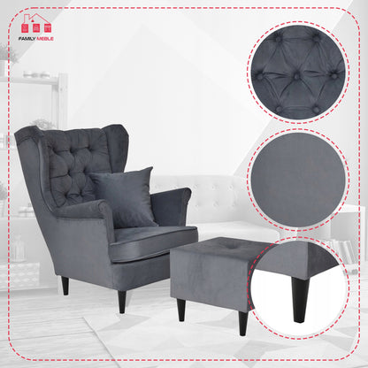 Fotel uszak Gaja z podnóżkiem, skandynawski Family Meble szary wygodny