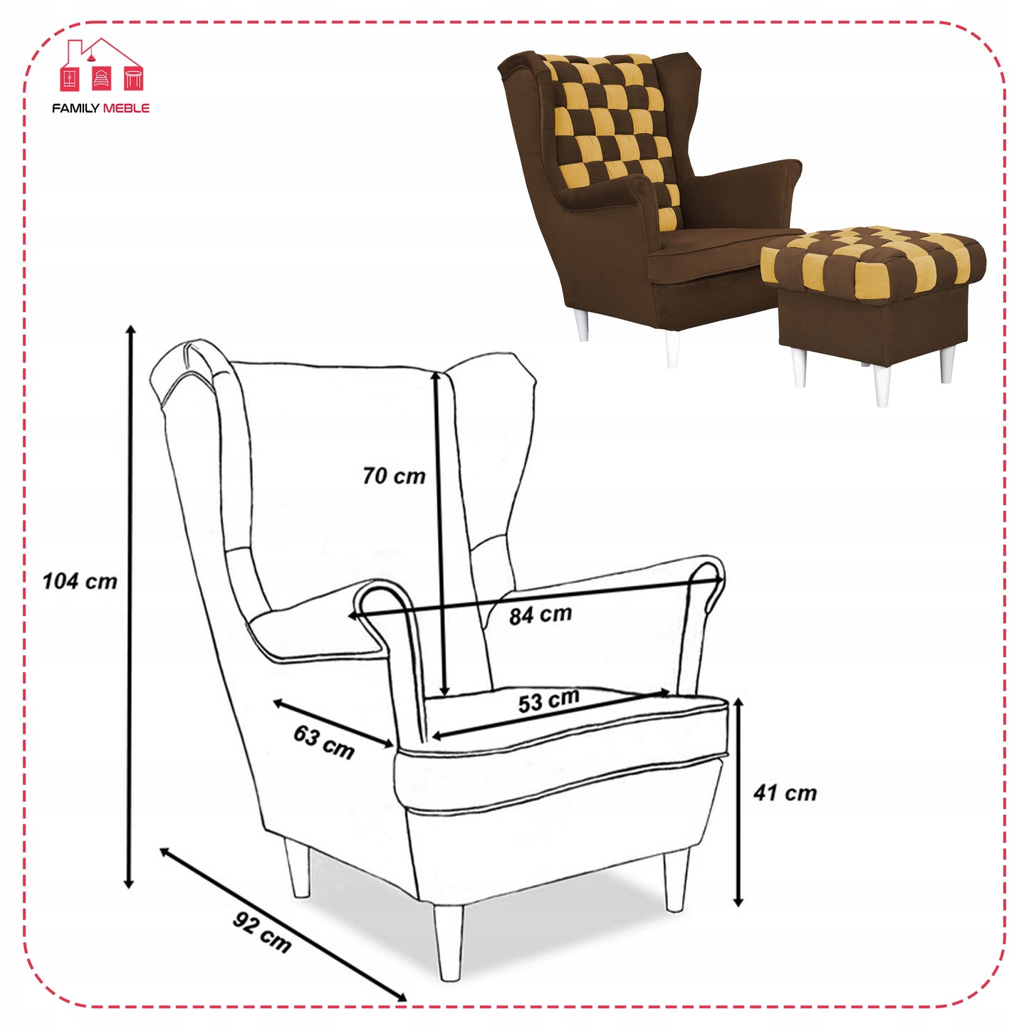 Fotel uszak Carol Duo z podnóżkiem skandynawski Family Meble brązowy żółty