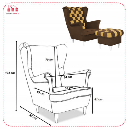 Fotel uszak Carol Duo z podnóżkiem skandynawski Family Meble brązowy żółty