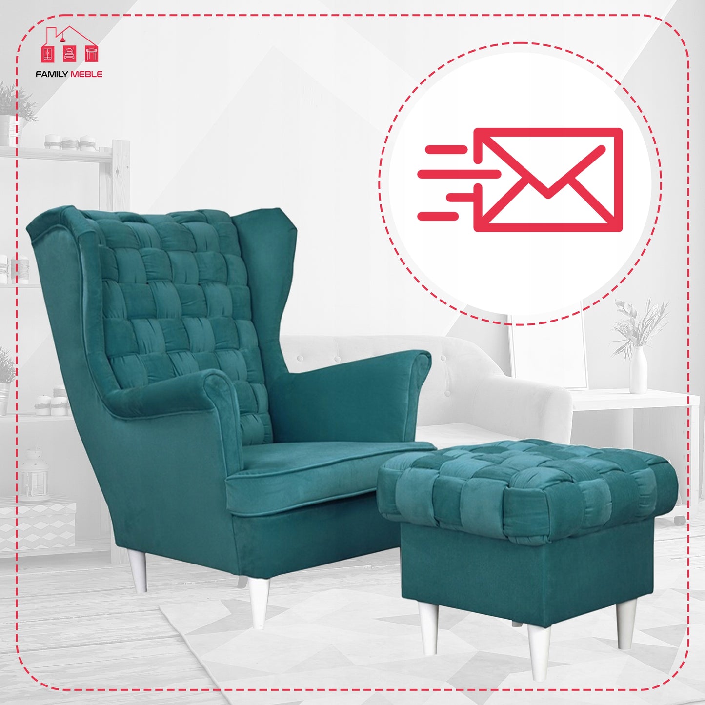 Fotel uszak Carol z podnóżkiem skandynawski Family Meble turkusowy