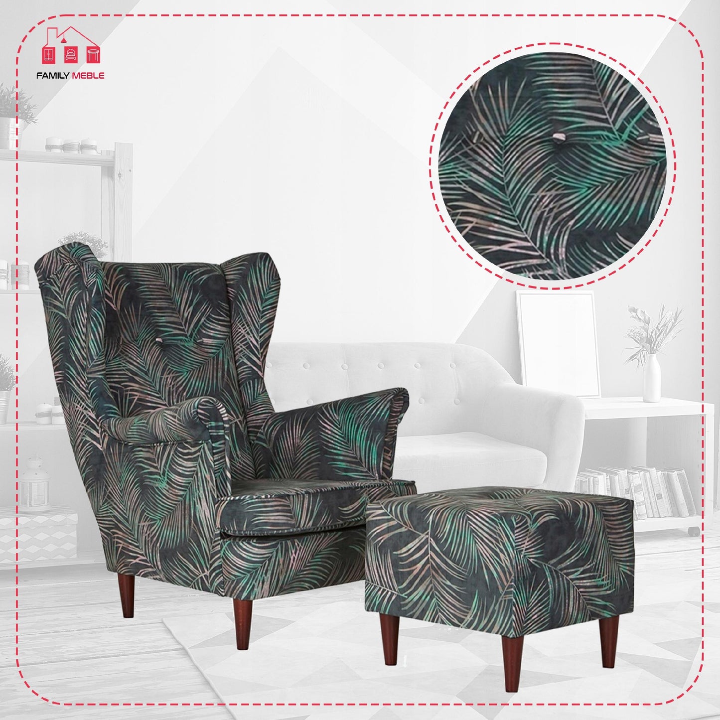 Fotel uszak ARI PRINT z podnóżkiem, skandynawski Family Meble liście