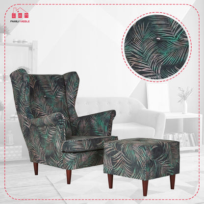 Fotel uszak ARI PRINT z podnóżkiem, skandynawski Family Meble liście