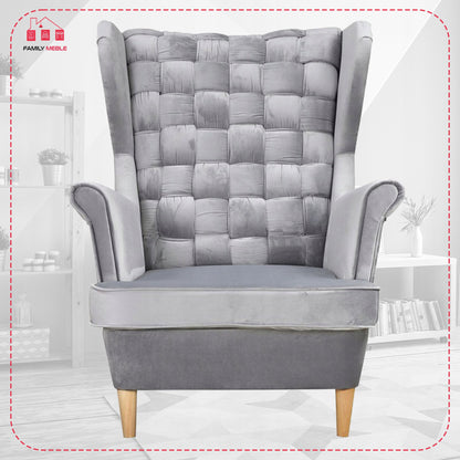 Fotel uszak Carol z podnóżkiem skandynawski Family Meble siwy aksamit