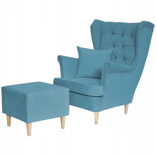 Fotel uszak Gaja z podnóżkiem skandynawski Family Mebl niebieski jasny