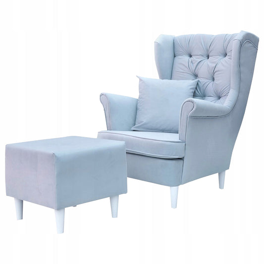 Fotel uszak Gaja z podnóżkiem skandynawski Family Meble pikowany guzik