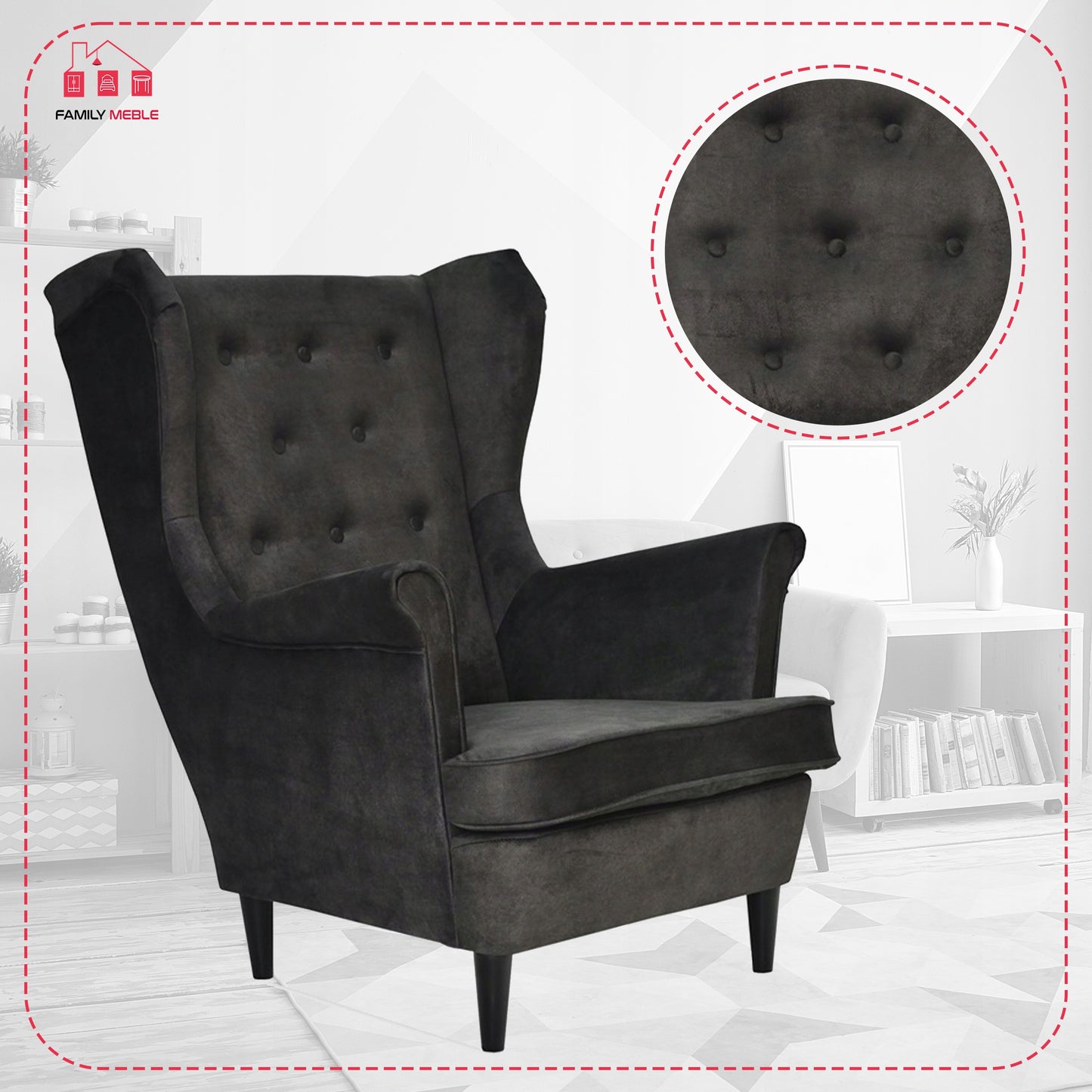 Fotel uszak Diana skandynawski Family Meble welur hydrofobowy ciemny