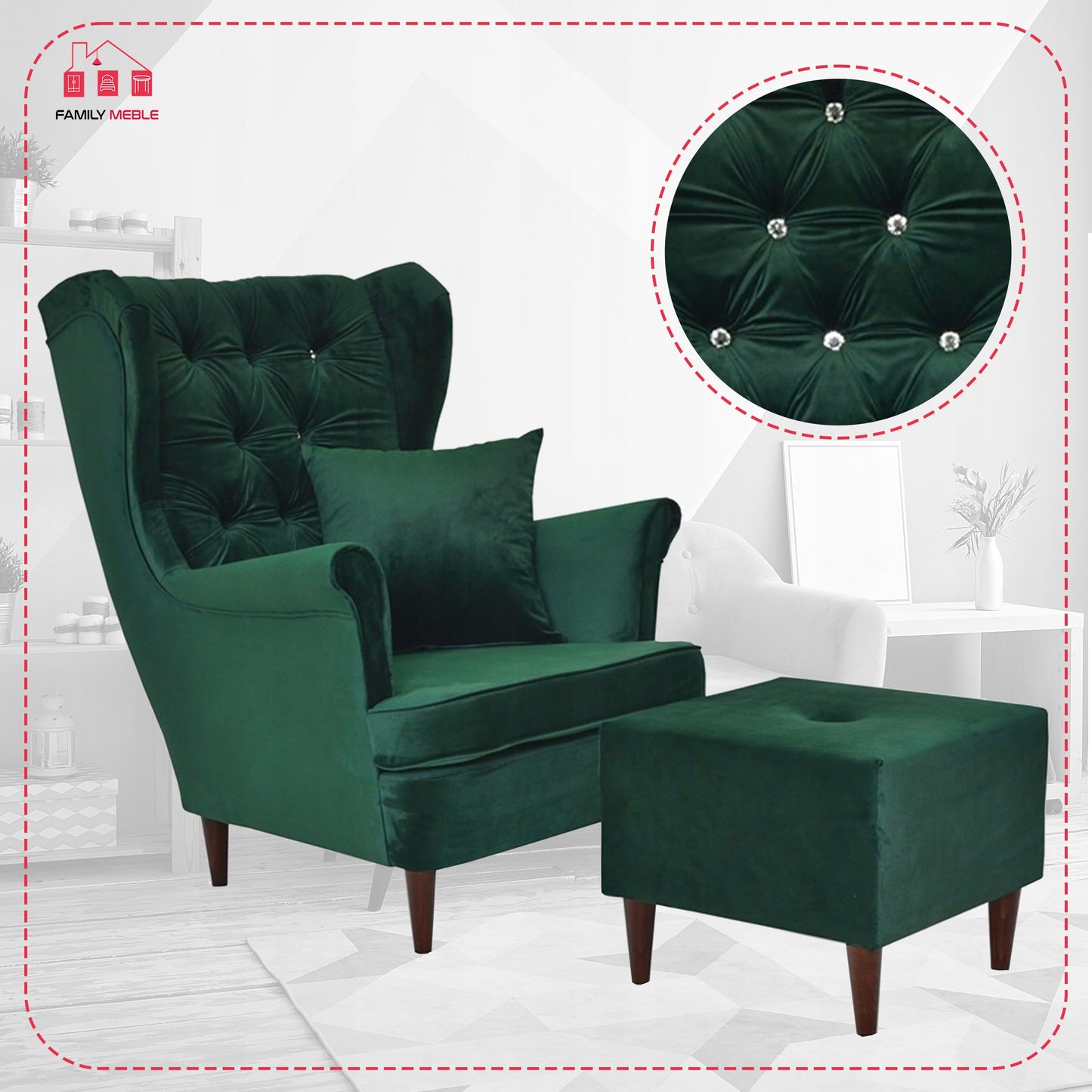 Fotel uszak Gaja z podnóżkiem, skandynawski Family Meble GLAMOUR solon