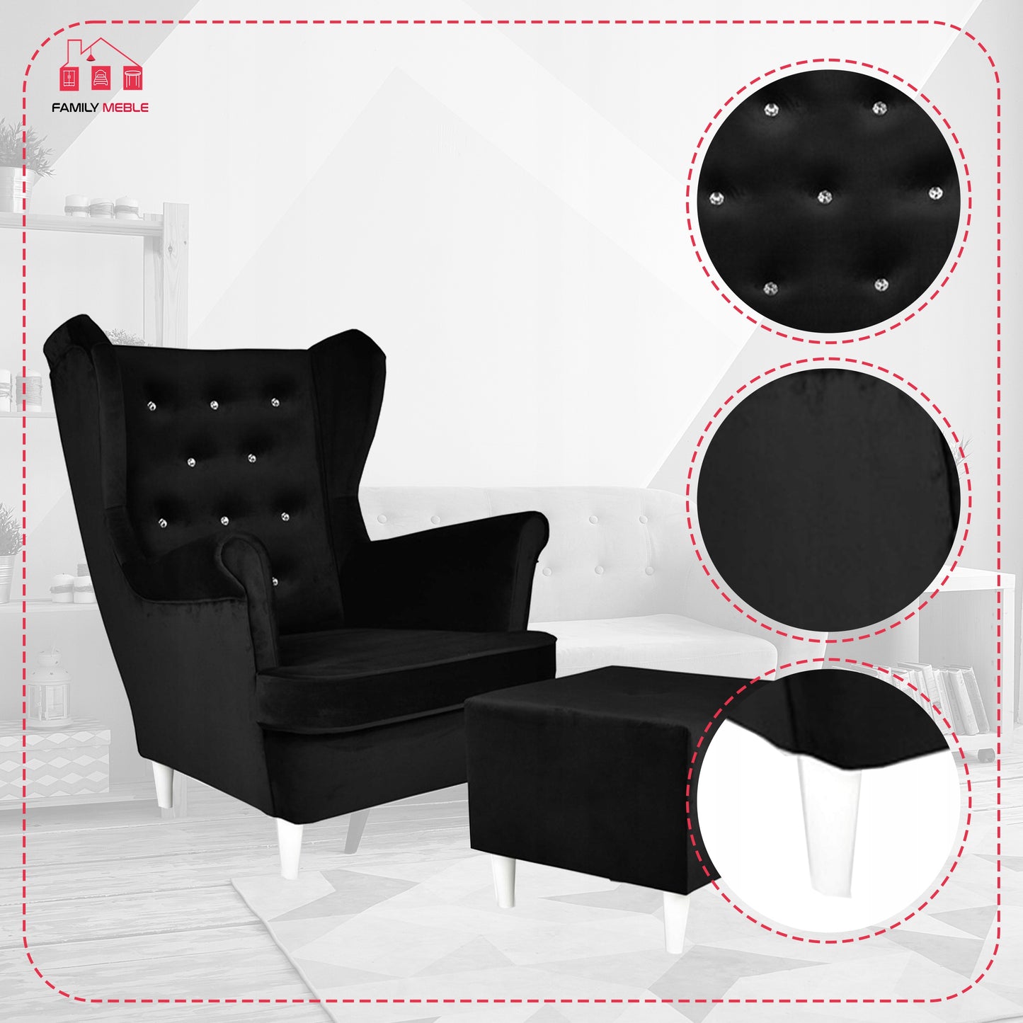 Fotel uszak Diana z podnóżkiem, skandynawski Family Meble czarny welur