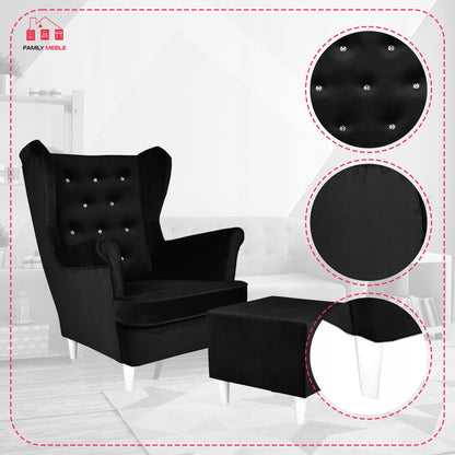 Fotel uszak Diana z podnóżkiem, skandynawski Family Meble czarny welur