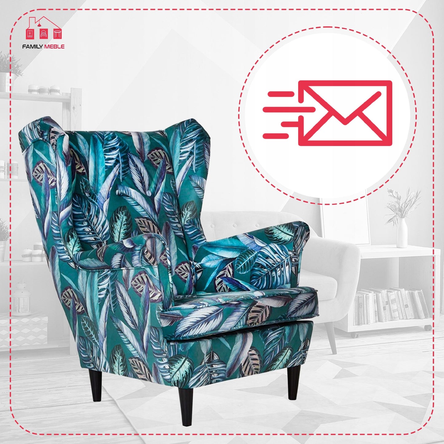 Fotel uszak ARI PRINT skandynawski Family Meble liście pióra zielone