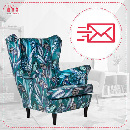 Fotel uszak ARI PRINT skandynawski Family Meble liście pióra zielone