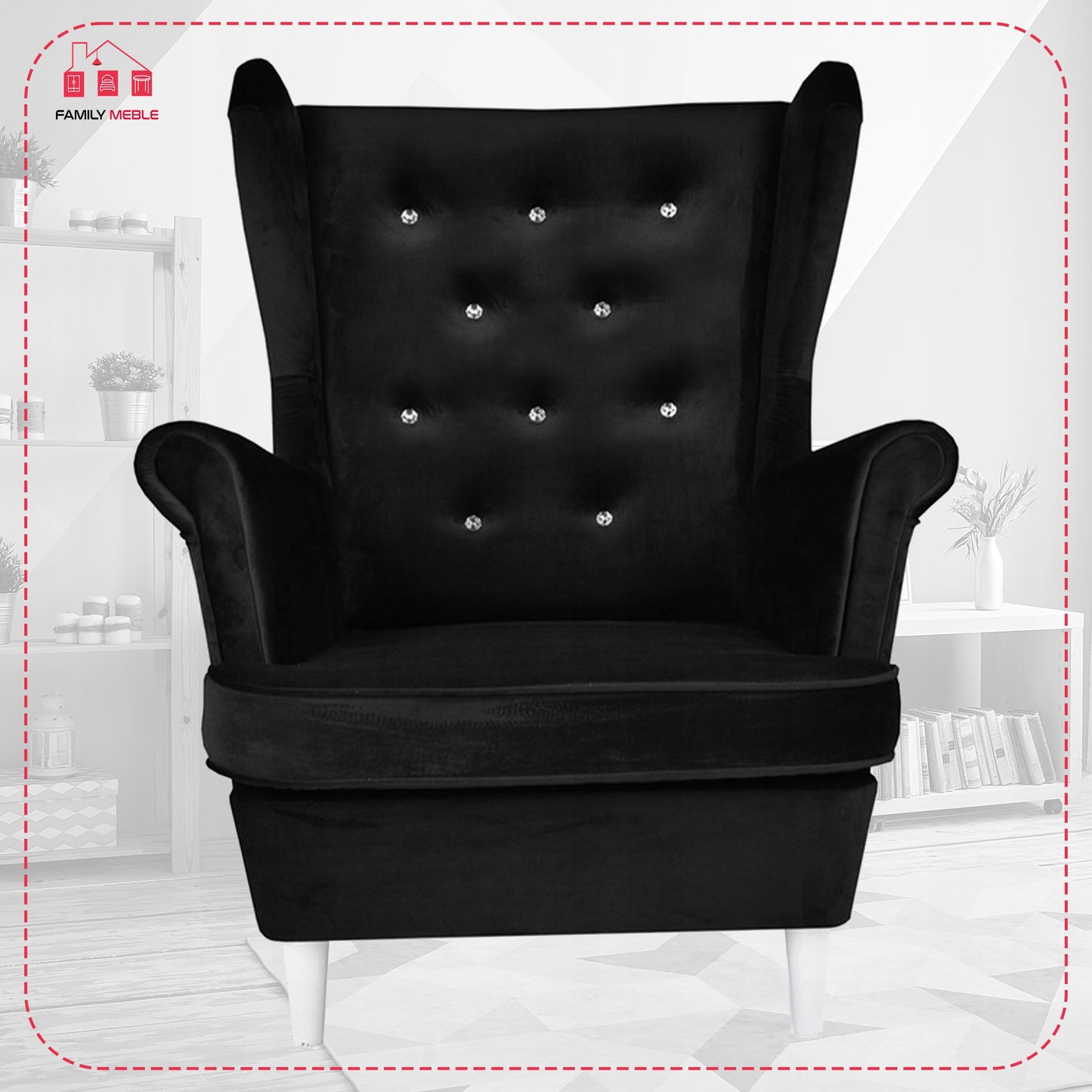 Fotel uszak Diana z podnóżkiem, skandynawski Family Meble czarny welur