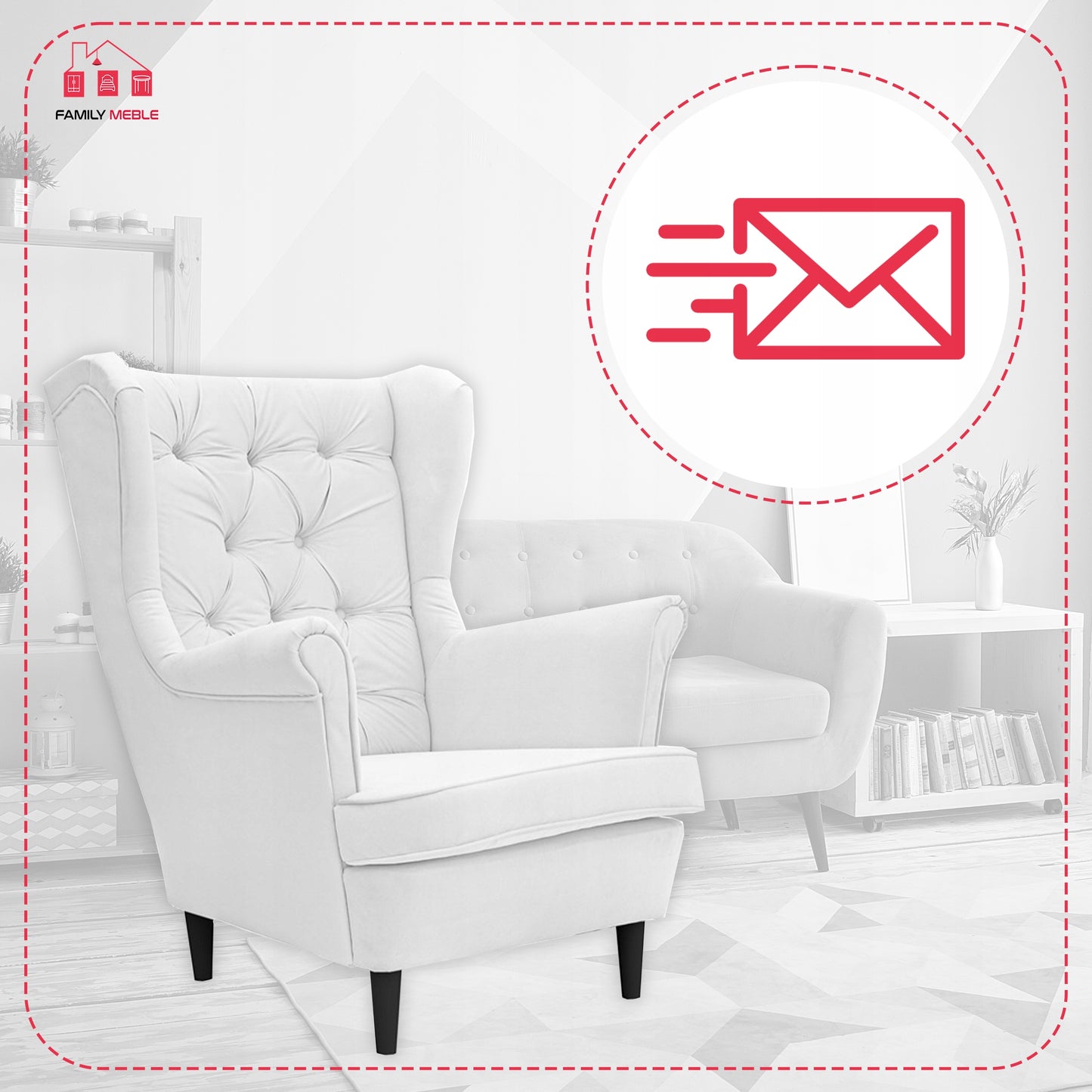 Fotel uszak Gaja skandynawski Famil Meble głęboko pikowana brudna biel