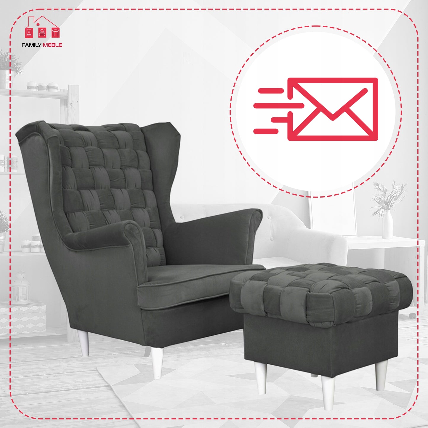 Fotel uszak Carol z podnóżkiem skandynawski Family Meble ciemny szary