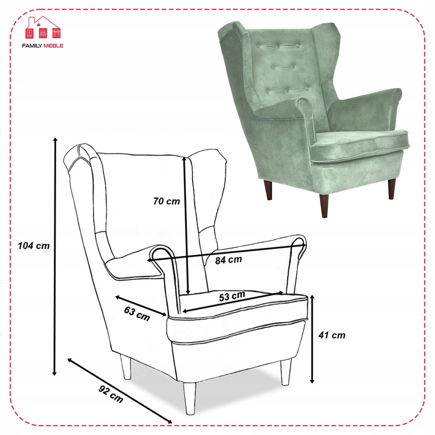 Fotel uszak Diana skandynawski Family Meble miętowy pistacjowy zamszowy