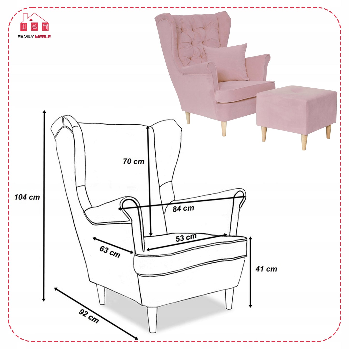 Fotel uszak Gaja z podnóżkiem skandynawski Family Meble z pufką różowy