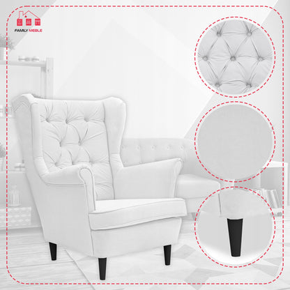 Fotel uszak Gaja skandynawski Famil Meble głęboko pikowana brudna biel